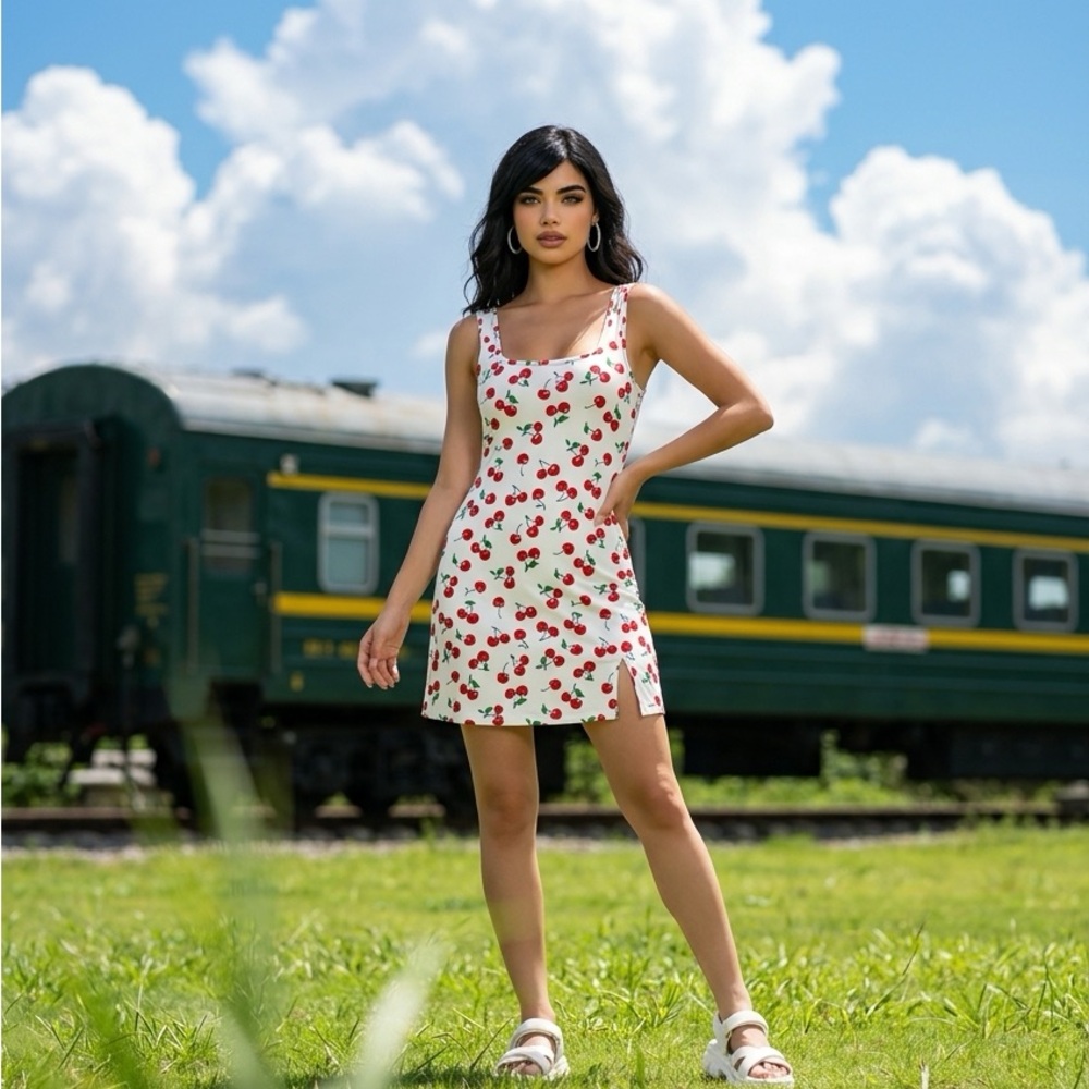Cherry-Print Sleeveless Tank Dress — White with Red Cherries